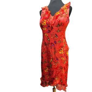 Vtg Chetta Silk Ruffle Dress Red Floral Whimsigoth Fairy Coquette Cocktail Sz 8